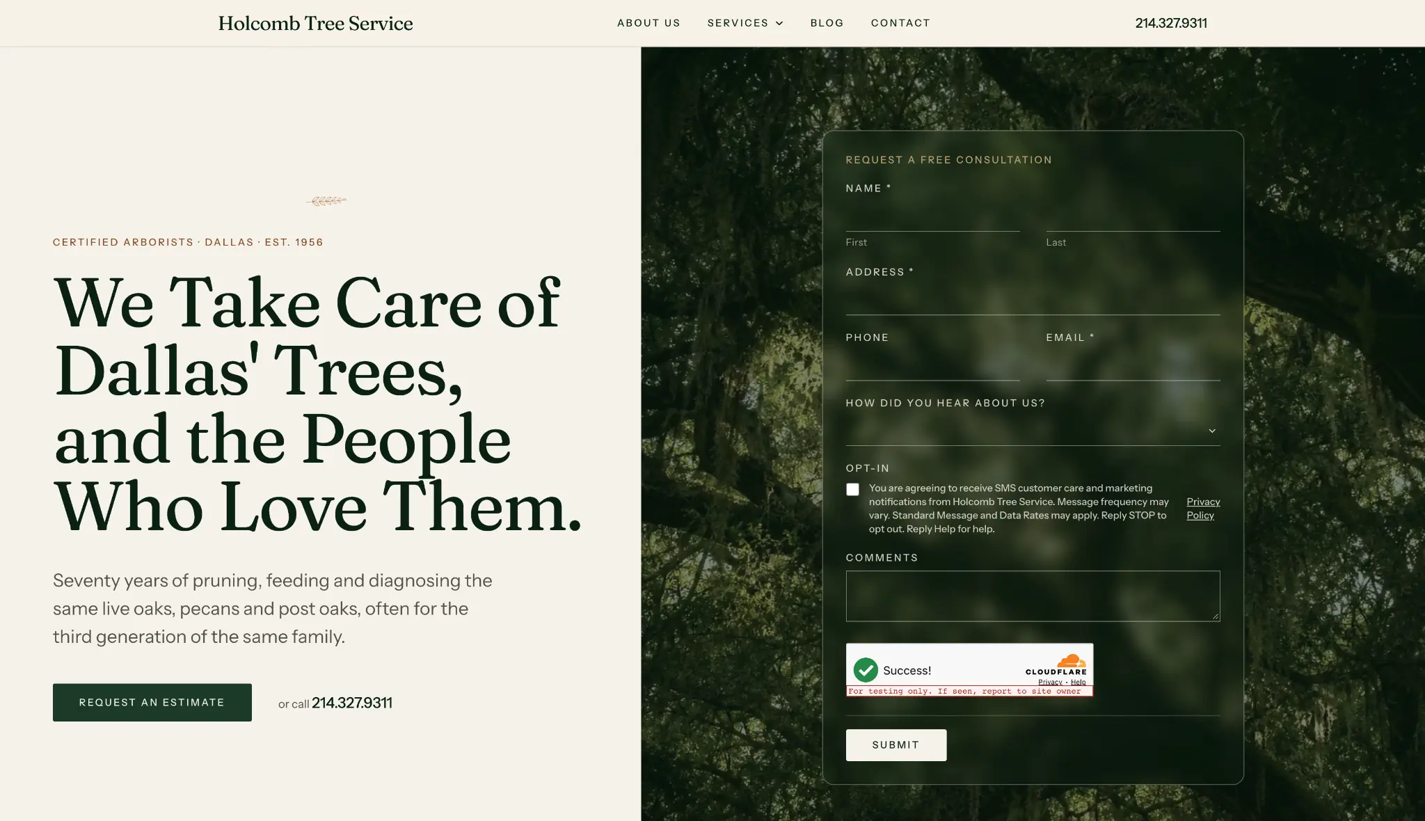 Holcomb Tree Service homepage with a tree care headline and consultation form